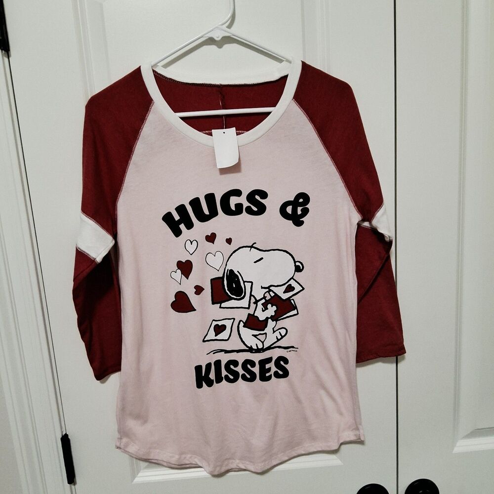 Peanuts Snoopy Pink & Red Raglan 3/4-sleeve Graphic T-shirt Size Small NWT
